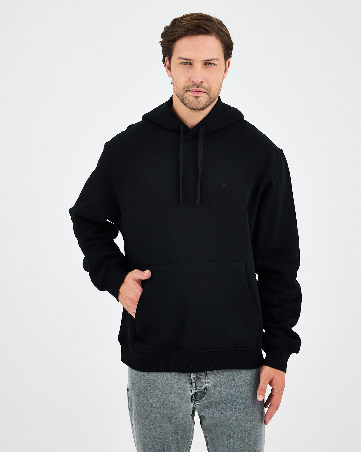 Unisex Black Embroidered Hooded Organic Cotton Standard Fit Sweatshirt -1011203