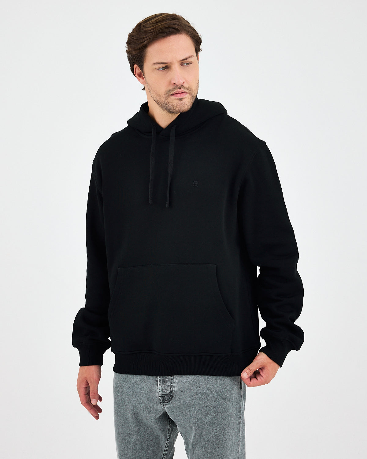 Unisex Black Embroidered Hooded Organic Cotton Standard Fit Sweatshirt -1011203