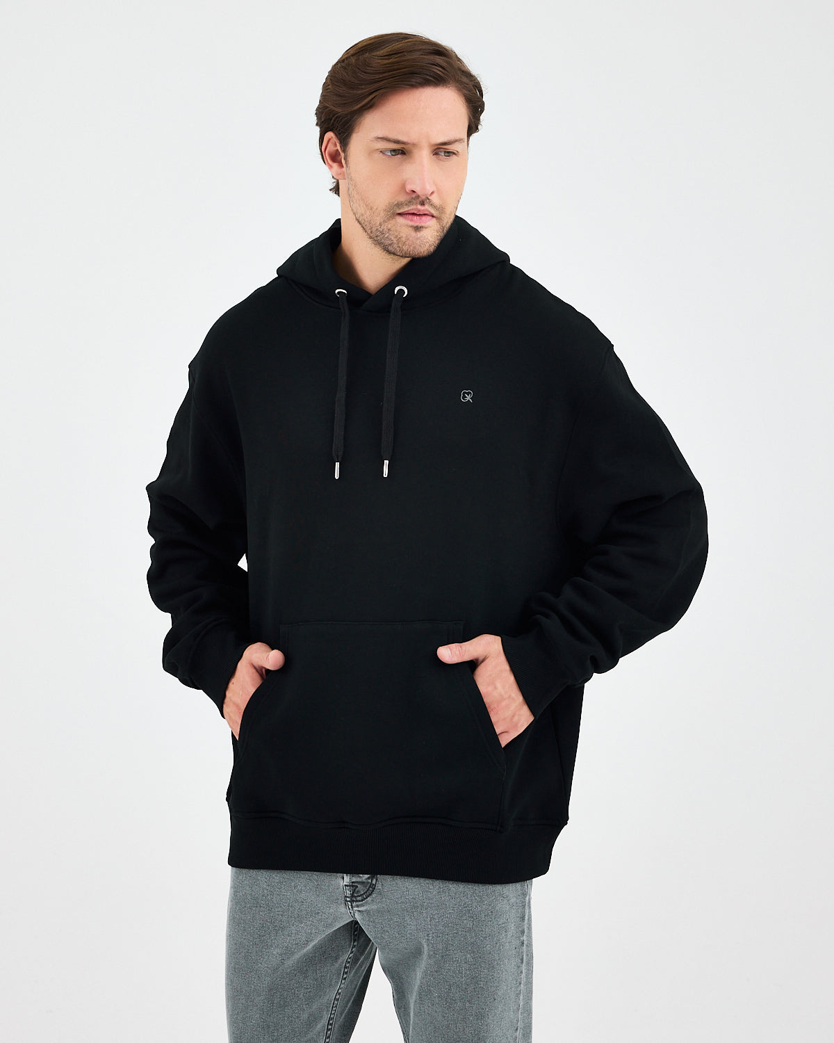 Unisex Silver Embroidered Hooded Organic Cotton Oversize Sweatshirt-1011403