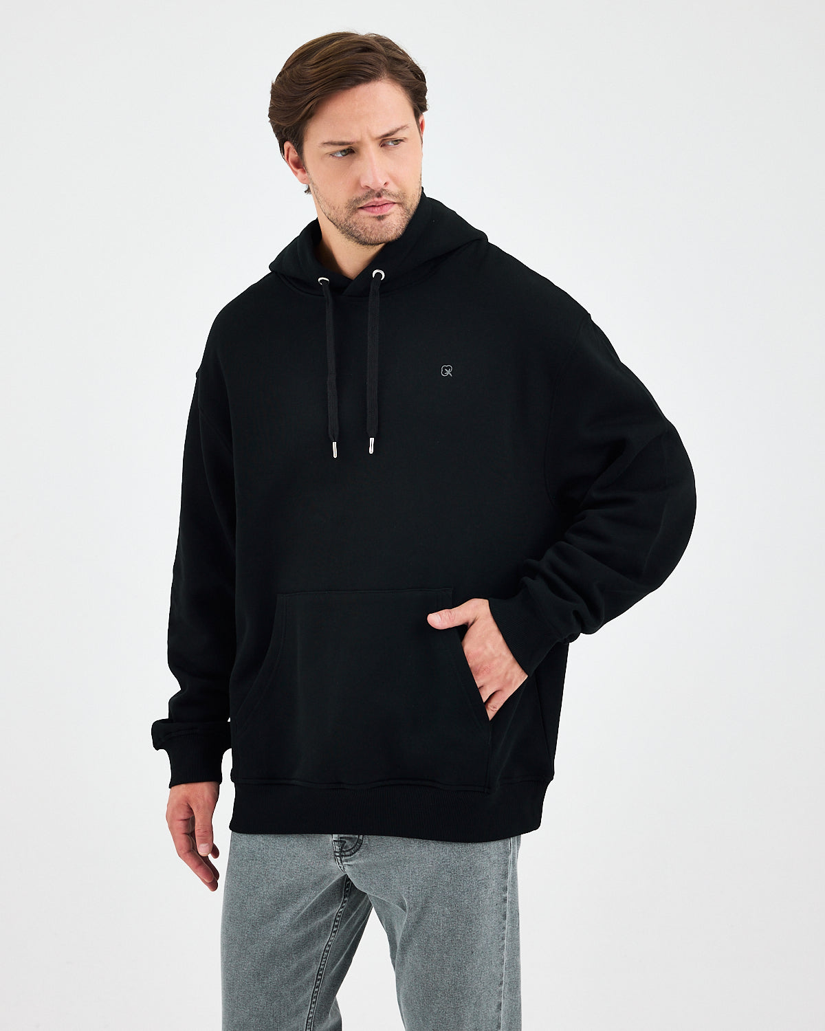 Unisex Silver Embroidered Hooded Organic Cotton Oversize Sweatshirt-1011403
