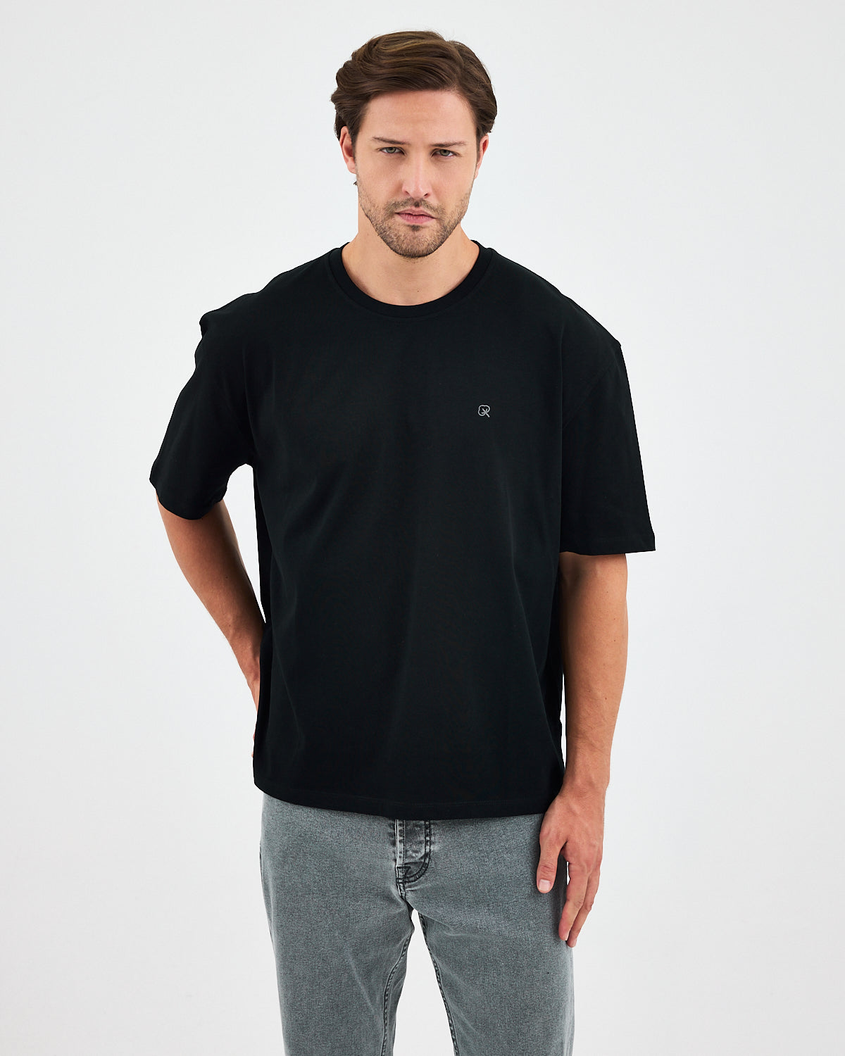Unisex Silver Embroidered Oversized Crew Neck Organic Cotton T-Shirt-1010503