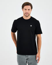 Unisex Siyah Beyaz Aplike Logo BCI Sertifikalı Pamuk Standart Kesim Bisiklet Yaka T-shirt