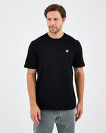 Unisex Siyah Beyaz Aplike Logo BCI Sertifikalı Pamuk Standart Kesim Bisiklet Yaka T-shirt