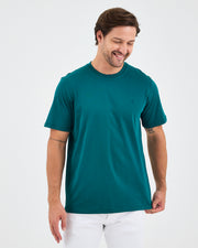 Unisex Turkuaz Yeşili Nakışlı Standart Kalıp Organik Pamuklu Bisiklet Yaka T-Shirt