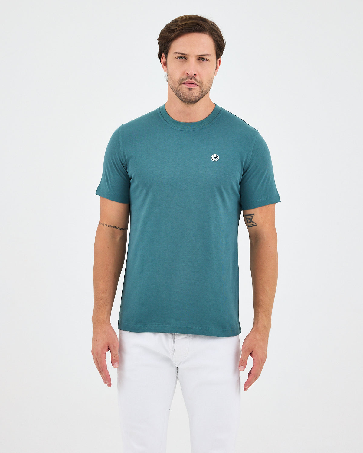 Unisex Turkuaz Yeşili Beyaz Aplike Logo Organik Pamuk Standart Kesim Bisiklet Yaka T-shirt