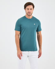 Unisex Turkuaz Yeşili Beyaz Aplike Logo Organik Pamuk Standart Kesim Bisiklet Yaka T-shirt