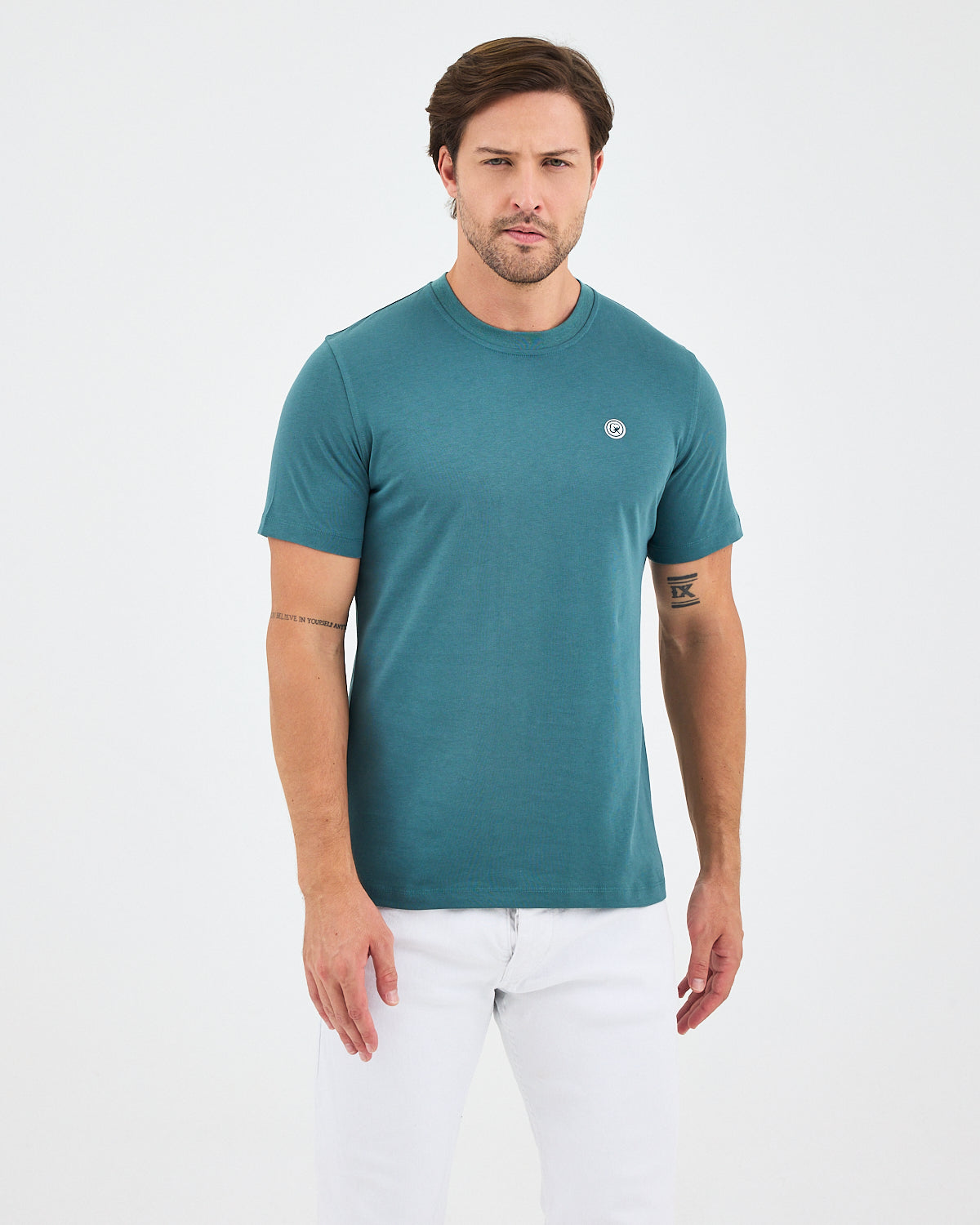 Unisex Turkuaz Yeşili Beyaz Aplike Logo Organik Pamuk Standart Kesim Bisiklet Yaka T-shirt