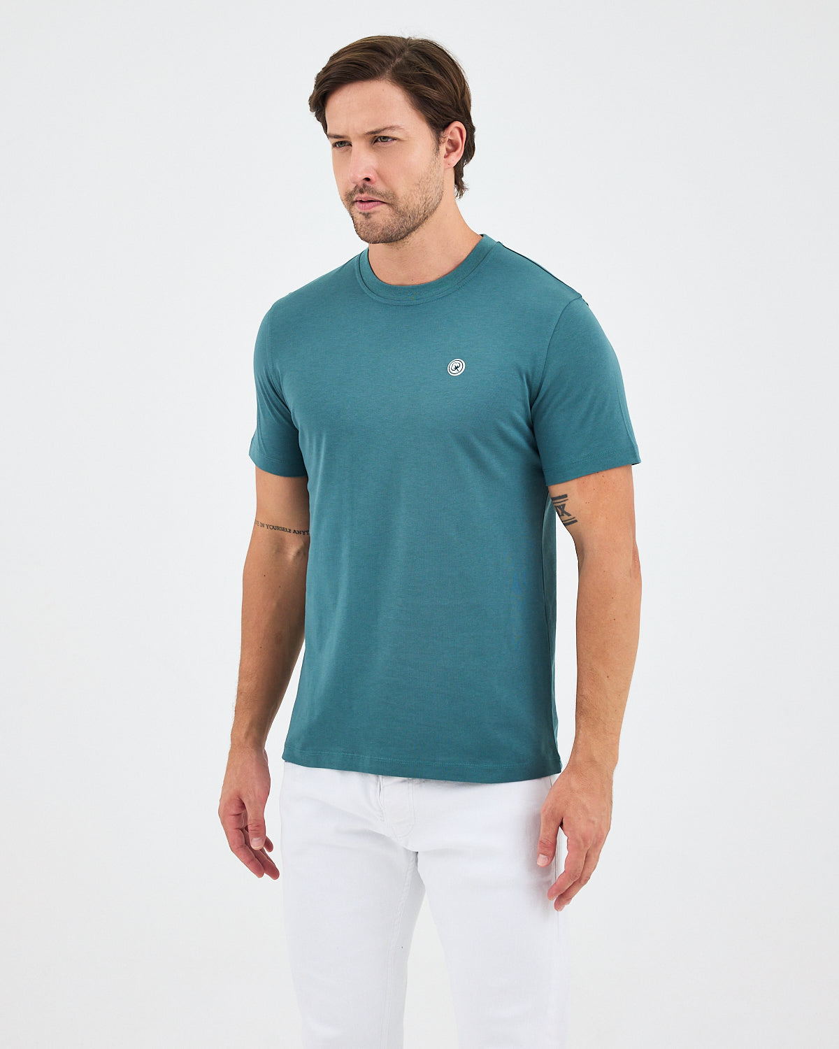 Unisex Turkuaz Yeşili Beyaz Aplike Logo Organik Pamuk Standart Kesim Bisiklet Yaka T-shirt