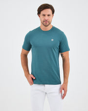 Unisex Turkuaz Yeşili Beyaz Aplike Logo Organik Pamuk Standart Kesim Bisiklet Yaka T-shirt