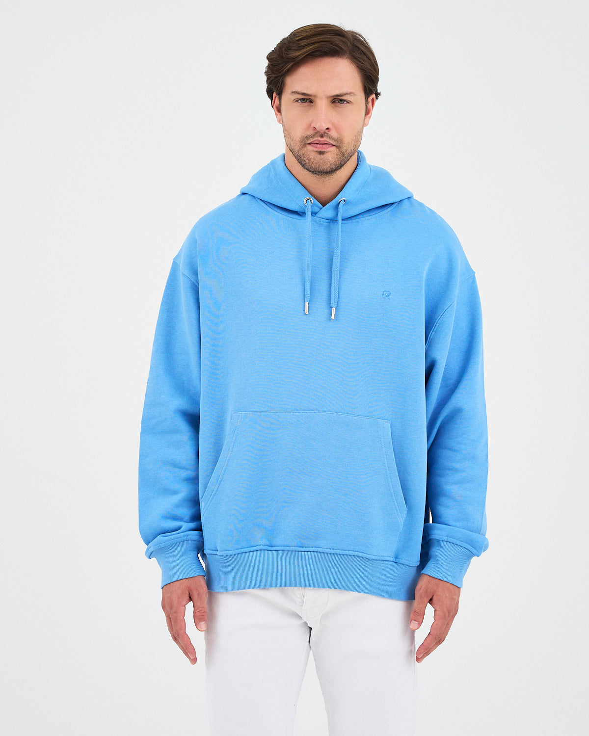 Unisex Mavi Nakışlı Kapüşonlu Organik Pamuk Oversize Sweatshirt