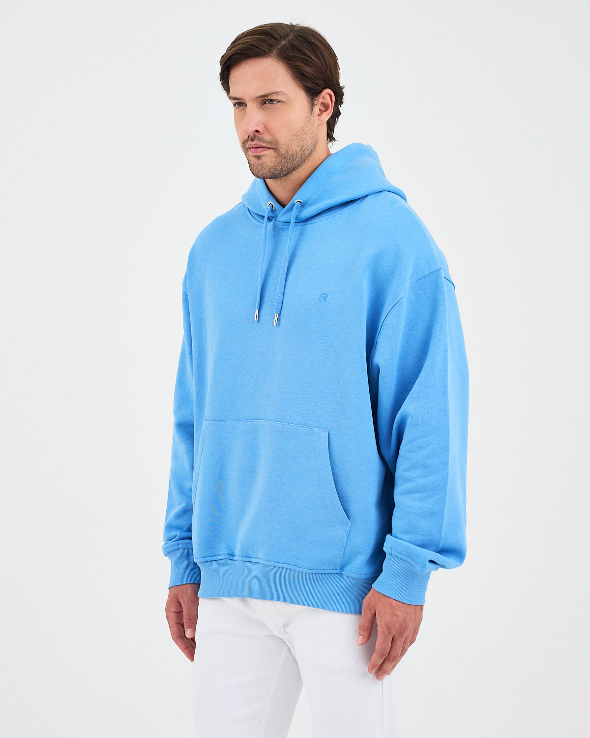 Unisex Mavi Nakışlı Kapüşonlu Organik Pamuk Oversize Sweatshirt