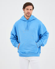 Unisex Mavi Nakışlı Kapüşonlu Organik Pamuk Oversize Sweatshirt