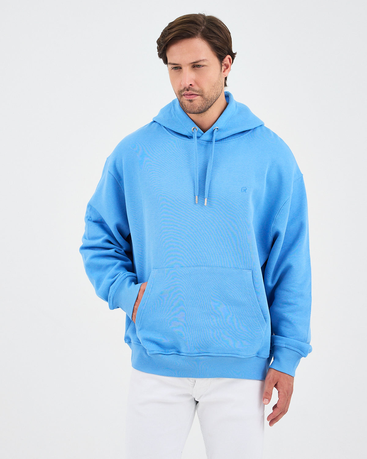 Unisex Mavi Nakışlı Kapüşonlu Organik Pamuk Oversize Sweatshirt