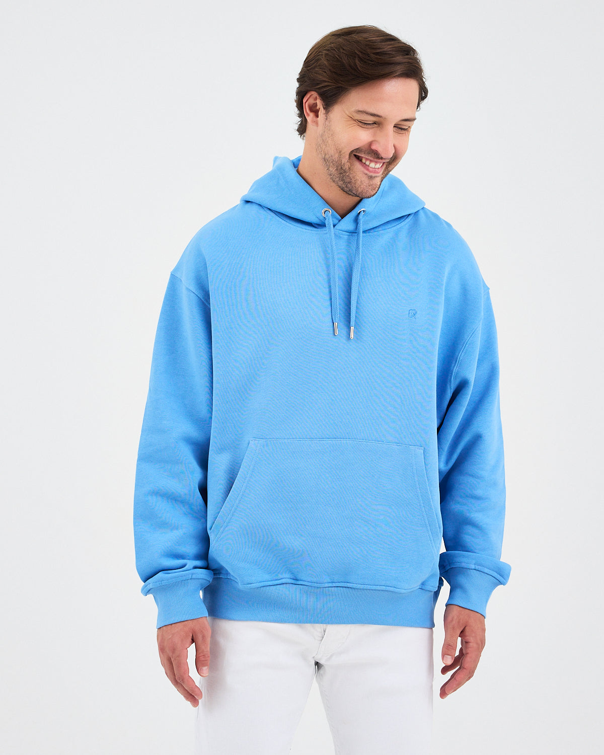 Unisex Mavi Nakışlı Kapüşonlu Organik Pamuk Oversize Sweatshirt