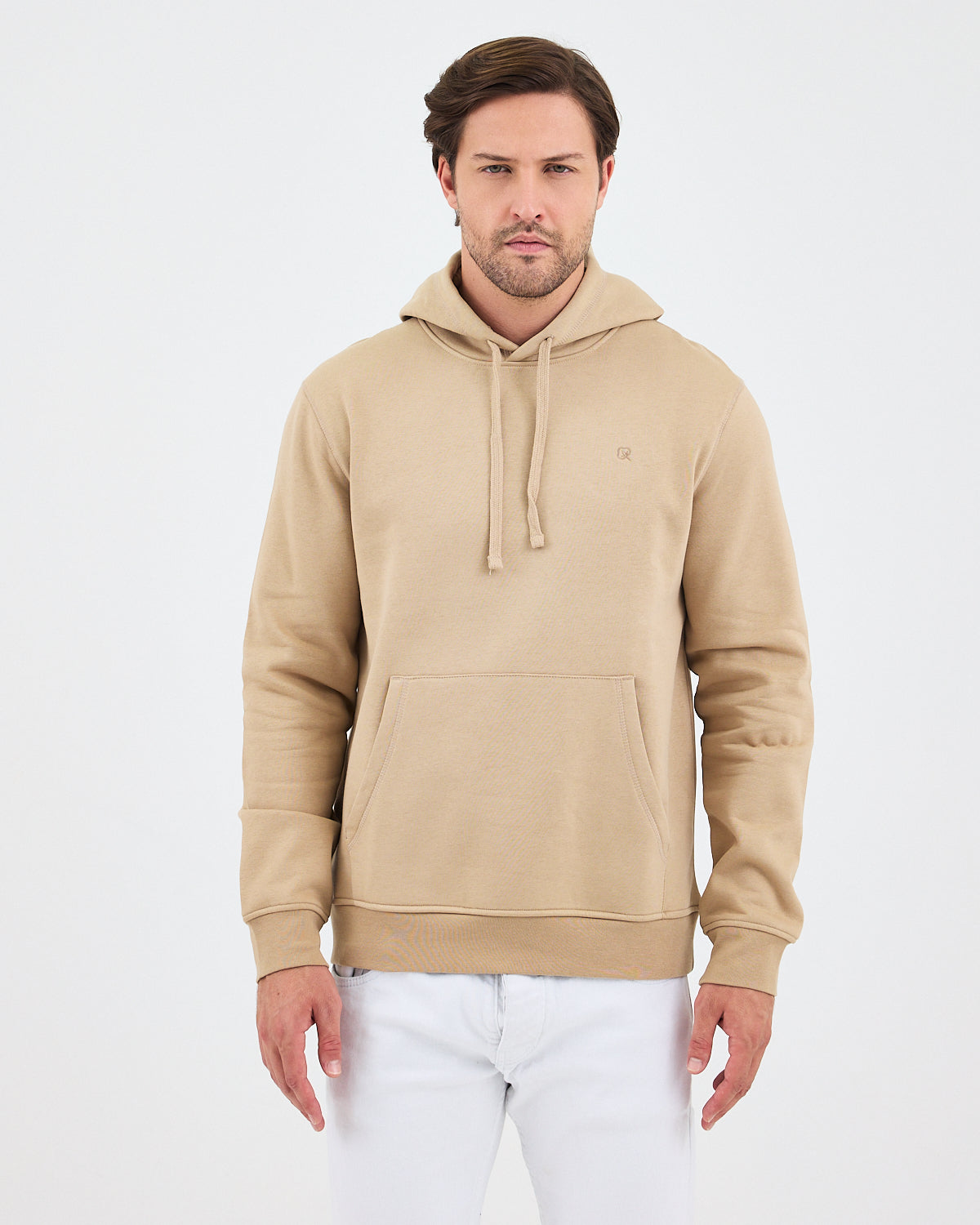 Unisex Bej Nakışlı Kapüşonlu Organik Pamuk Recycled Polyester Standart Kalıp Sweatshirt