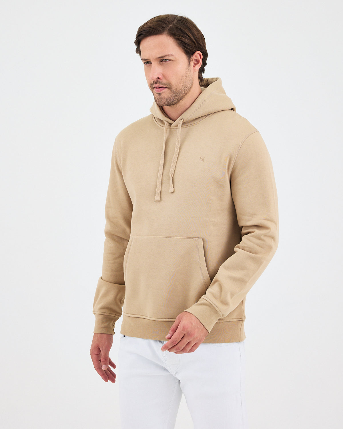 Unisex Bej Nakışlı Kapüşonlu Organik Pamuk Recycled Polyester Standart Kalıp Sweatshirt