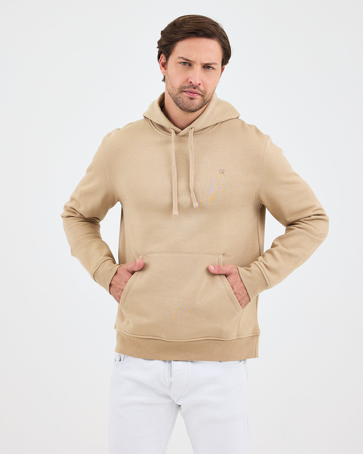 Unisex Bej Nakışlı Kapüşonlu Organik Pamuk Recycled Polyester Standart Kalıp Sweatshirt