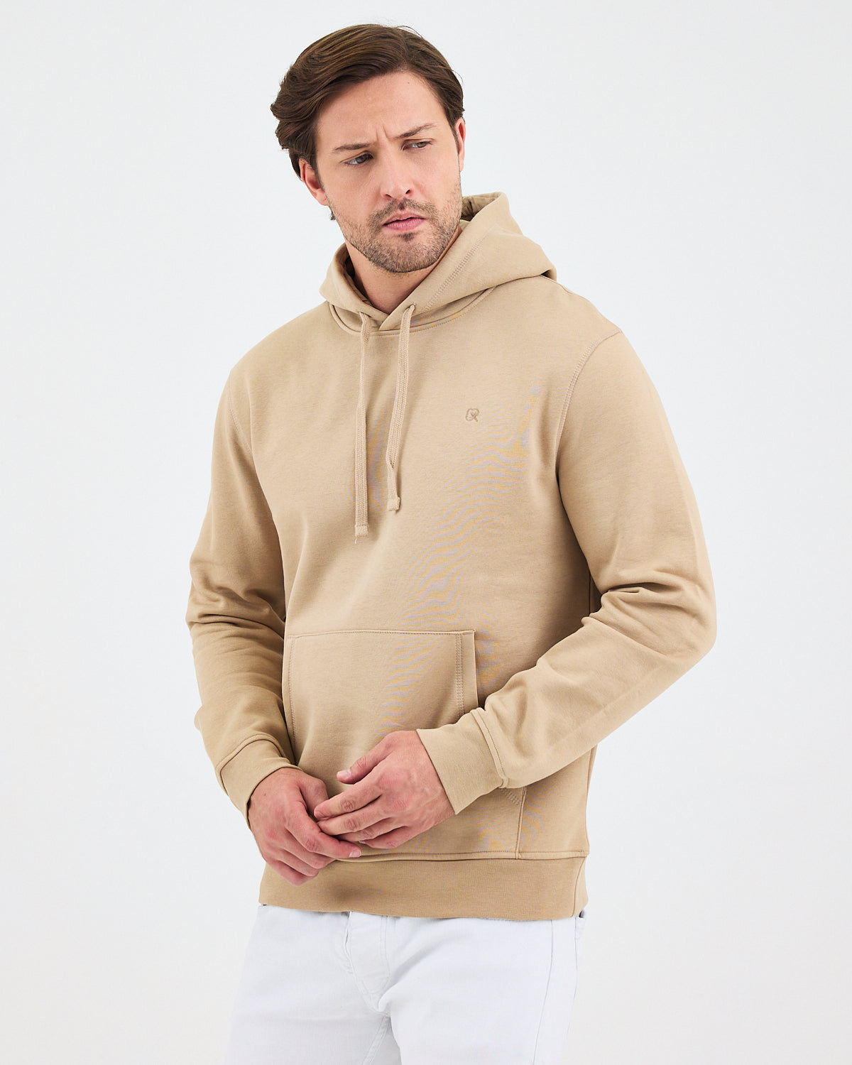 Unisex Bej Nakışlı Kapüşonlu Organik Pamuk Recycled Polyester Standart Kalıp Sweatshirt