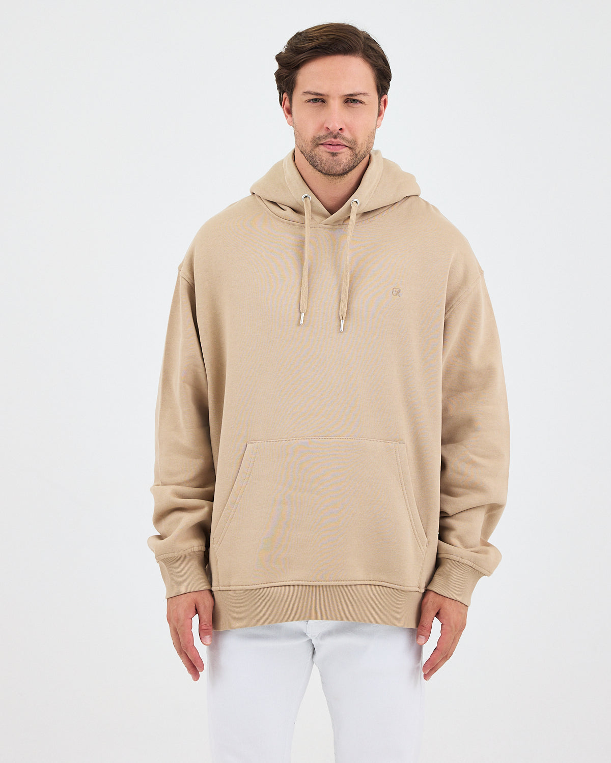 Unisex Beige Embroidered Hooded Organic Cotton Oversize Sweatshirt-1011418