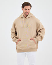 Unisex Beige Embroidered Hooded Organic Cotton Oversize Sweatshirt-1011418