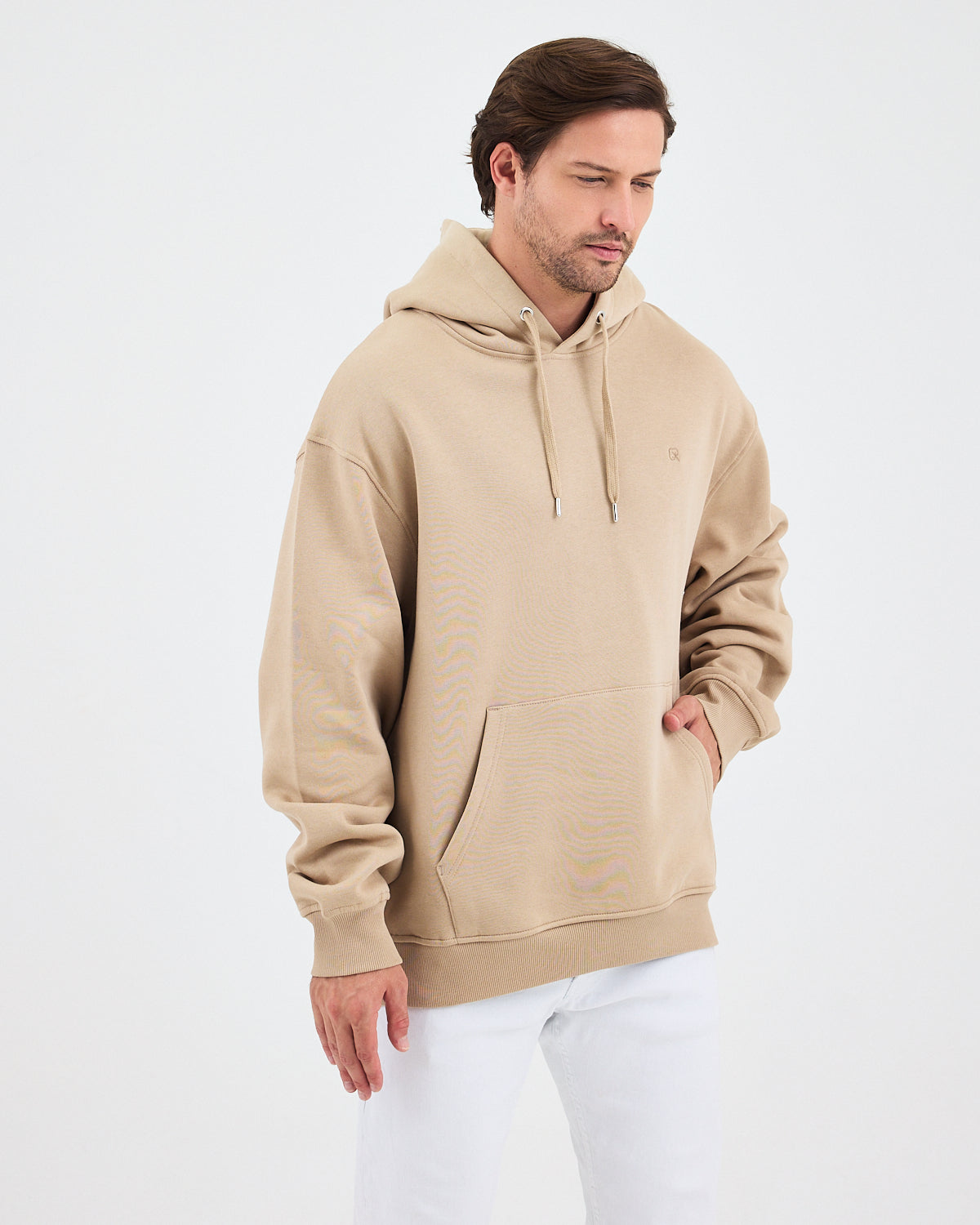 Unisex Beige Embroidered Hooded Organic Cotton Oversize Sweatshirt-1011418