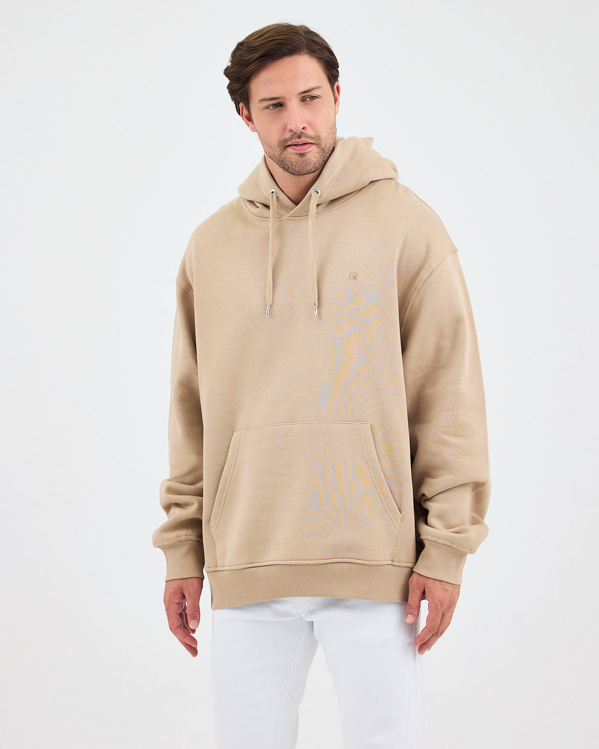 Unisex Beige Embroidered Hooded Organic Cotton Oversize Sweatshirt-1011418