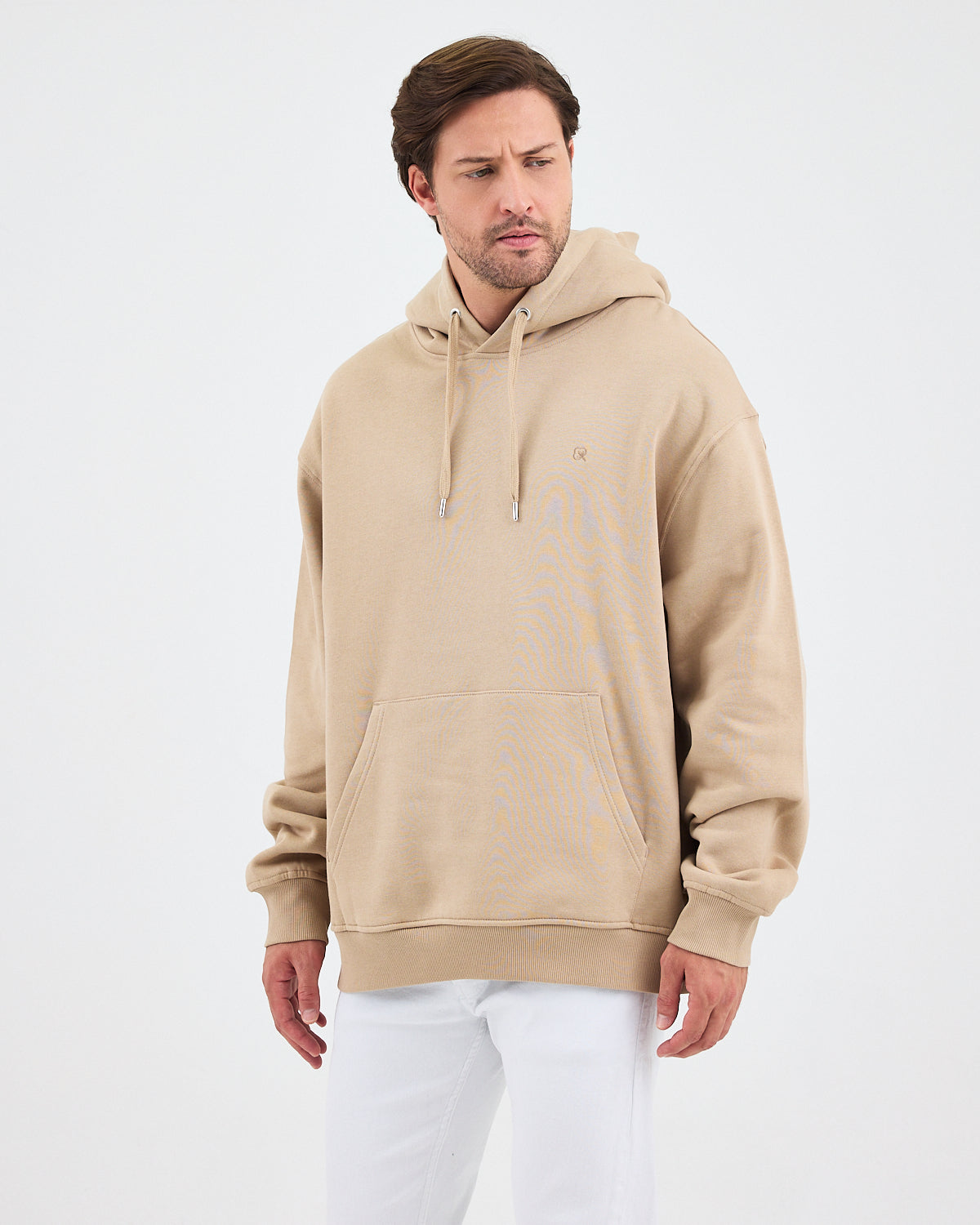 Unisex Beige Embroidered Hooded Organic Cotton Oversize Sweatshirt-1011418