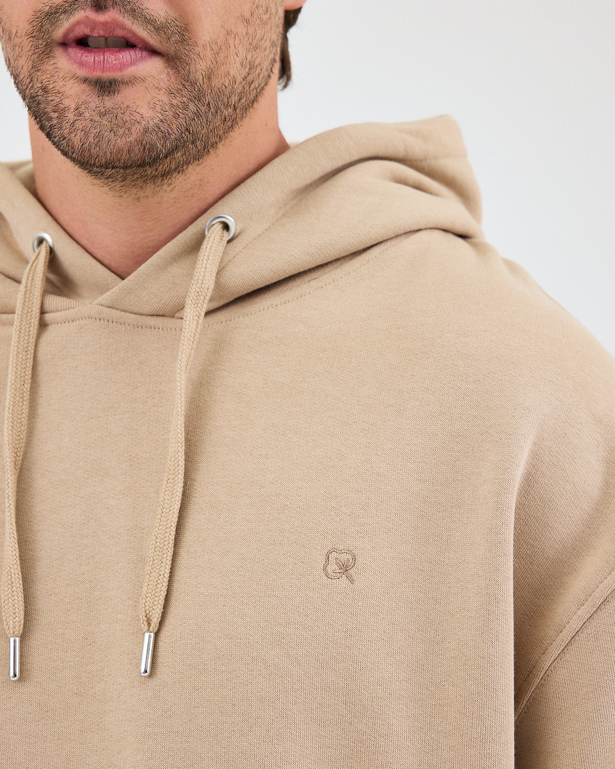 Unisex Beige Embroidered Hooded Organic Cotton Oversize Sweatshirt-1011418