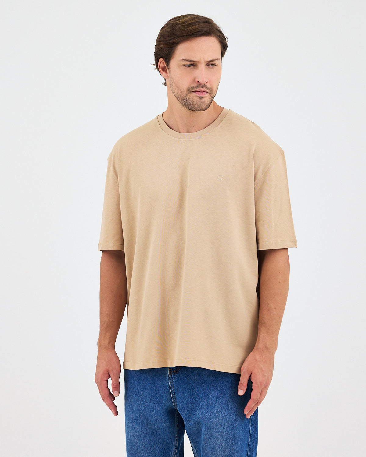 Unisex Bej Nakışlı Oversize Bisiklet Yaka Organik Pamuklu T-Shirt
