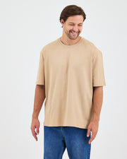 Unisex Bej Nakışlı Oversize Bisiklet Yaka Organik Pamuklu T-Shirt