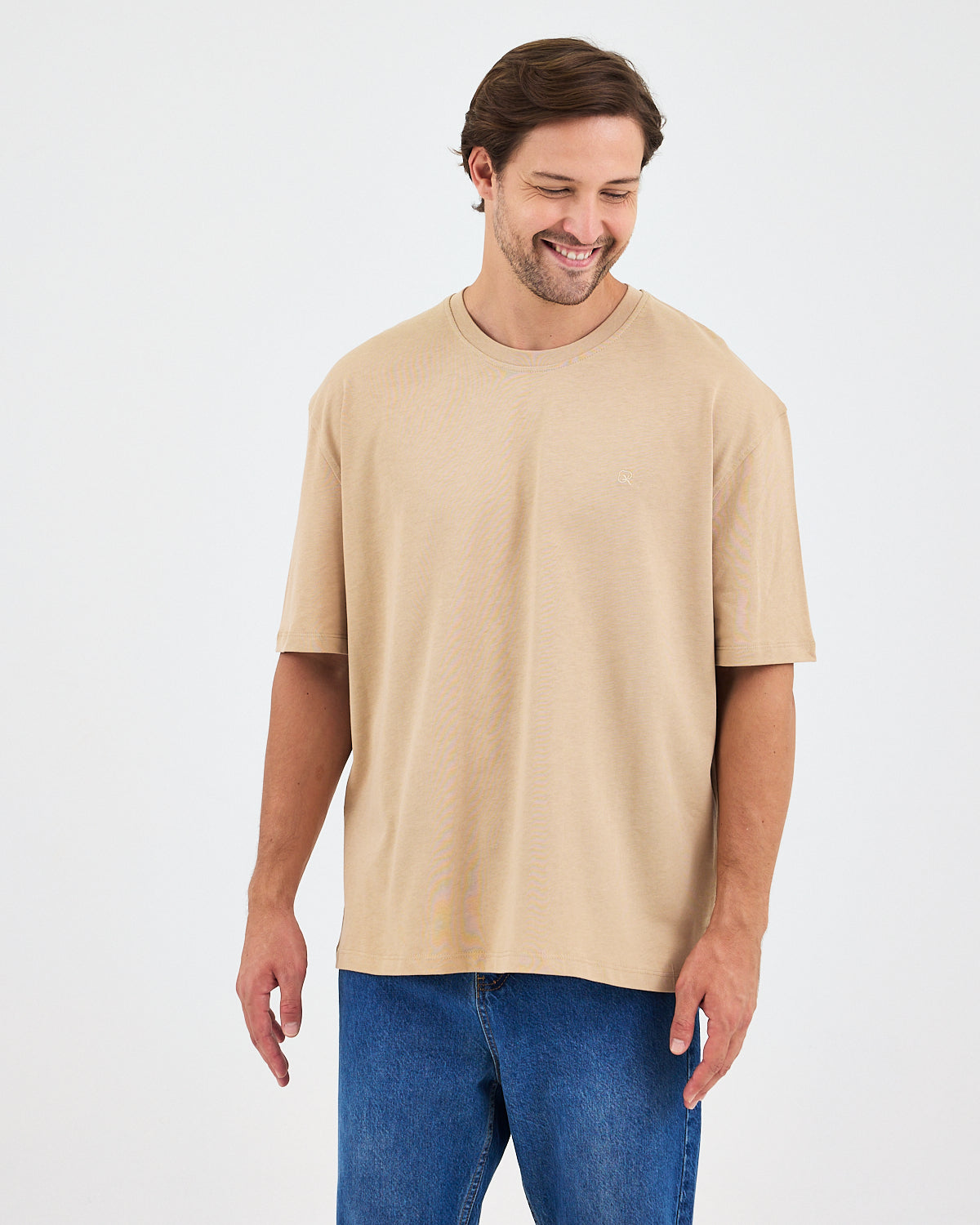 Unisex Bej Nakışlı Oversize Bisiklet Yaka Organik Pamuklu T-Shirt
