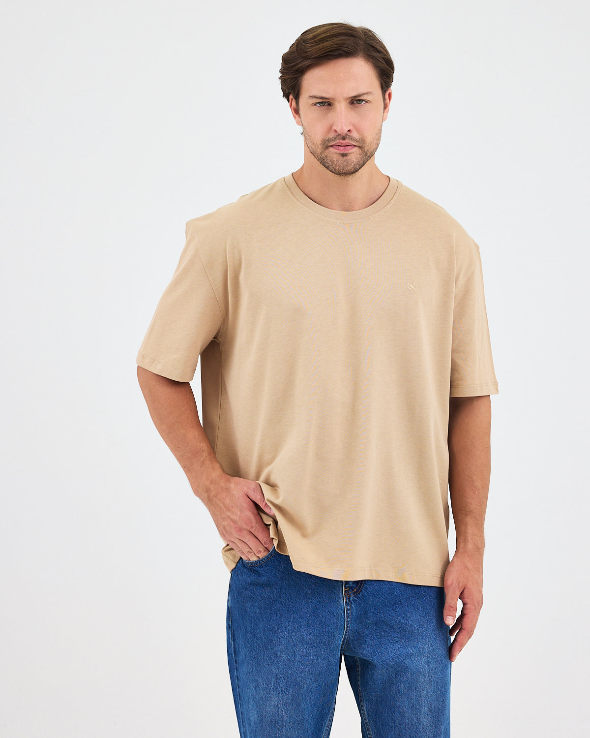 Unisex Bej Nakışlı Oversize Bisiklet Yaka Organik Pamuklu T-Shirt