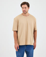 Unisex Bej Nakışlı Oversize Bisiklet Yaka Organik Pamuklu T-Shirt