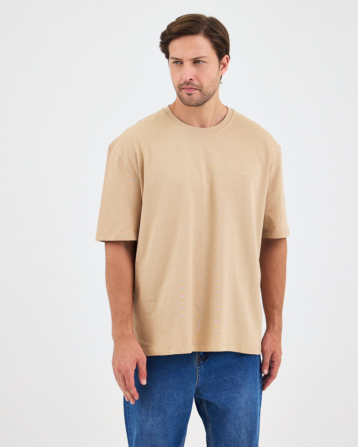Unisex Bej Nakışlı Oversize Bisiklet Yaka Organik Pamuklu T-Shirt
