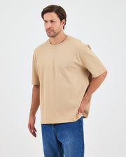 Unisex Bej Nakışlı Oversize Bisiklet Yaka Organik Pamuklu T-Shirt