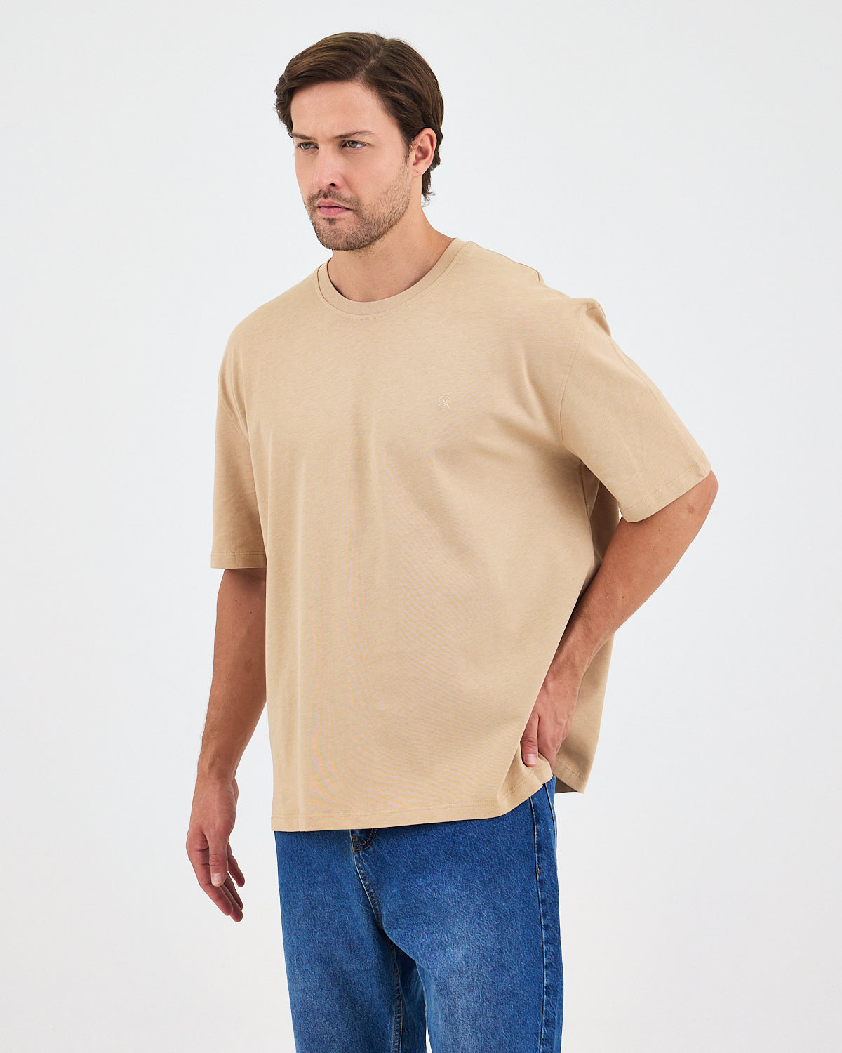 Unisex Bej Nakışlı Oversize Bisiklet Yaka Organik Pamuklu T-Shirt
