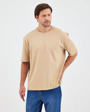 Unisex Bej Nakışlı Oversize Bisiklet Yaka Organik Pamuklu T-Shirt