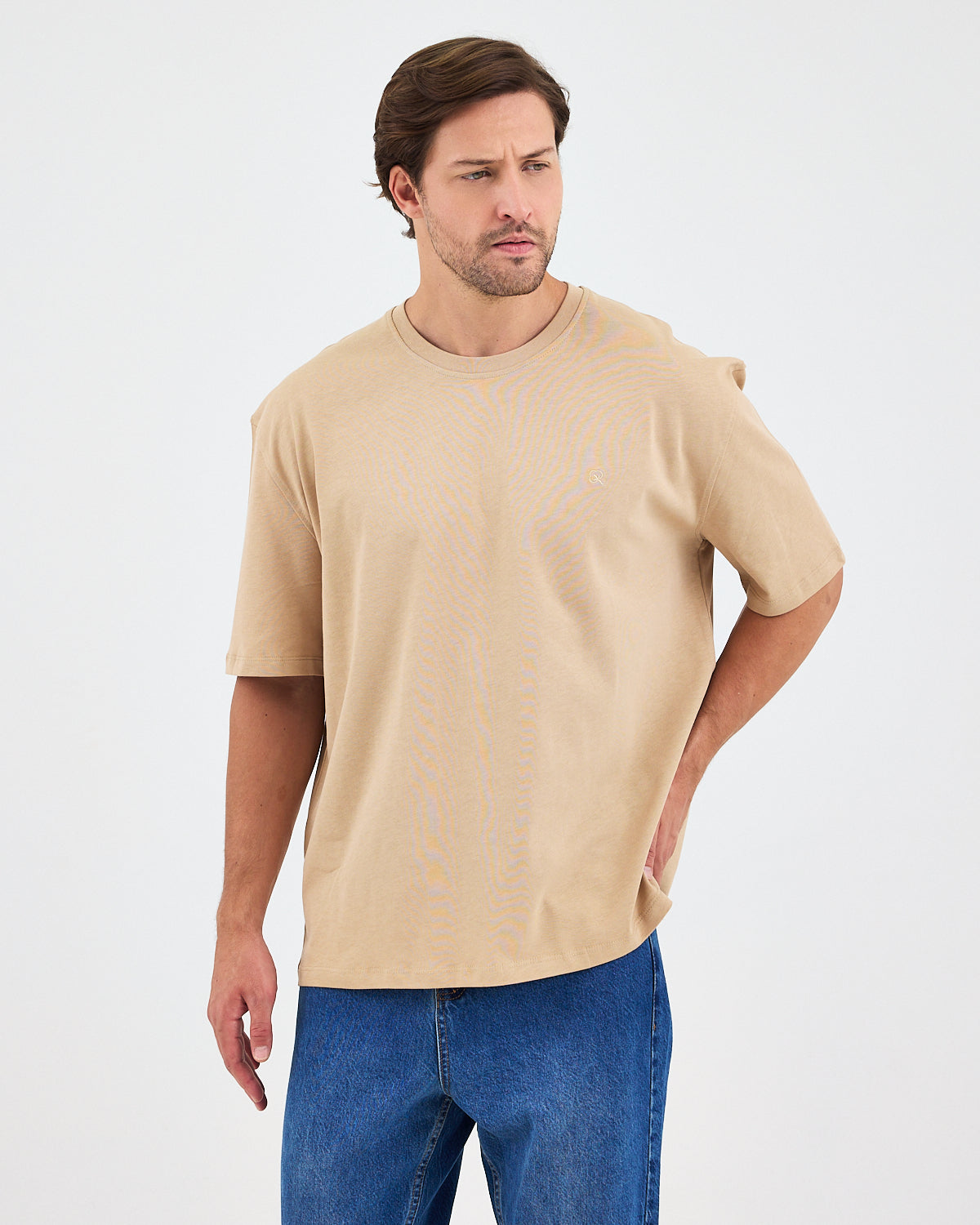 Unisex Bej Nakışlı Oversize Bisiklet Yaka Organik Pamuklu T-Shirt