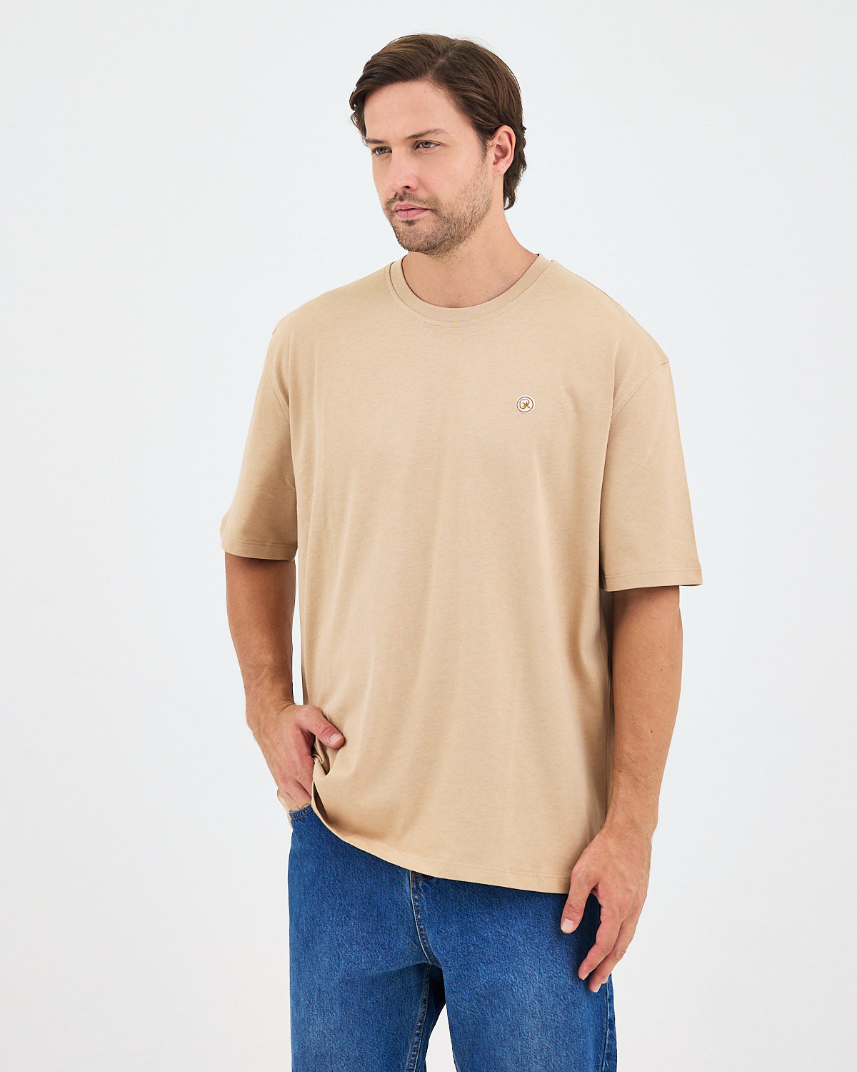 Unisex Bej Beyaz Aplike Logo Organik Pamuk Oversize Bisiklet Yaka T-shirt