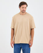 Unisex Bej Beyaz Aplike Logo Organik Pamuk Oversize Bisiklet Yaka T-shirt