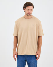 Unisex Bej Beyaz Aplike Logo Organik Pamuk Oversize Bisiklet Yaka T-shirt