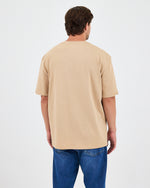 Unisex Bej Beyaz Aplike Logo Organik Pamuk Oversize Bisiklet Yaka T-shirt
