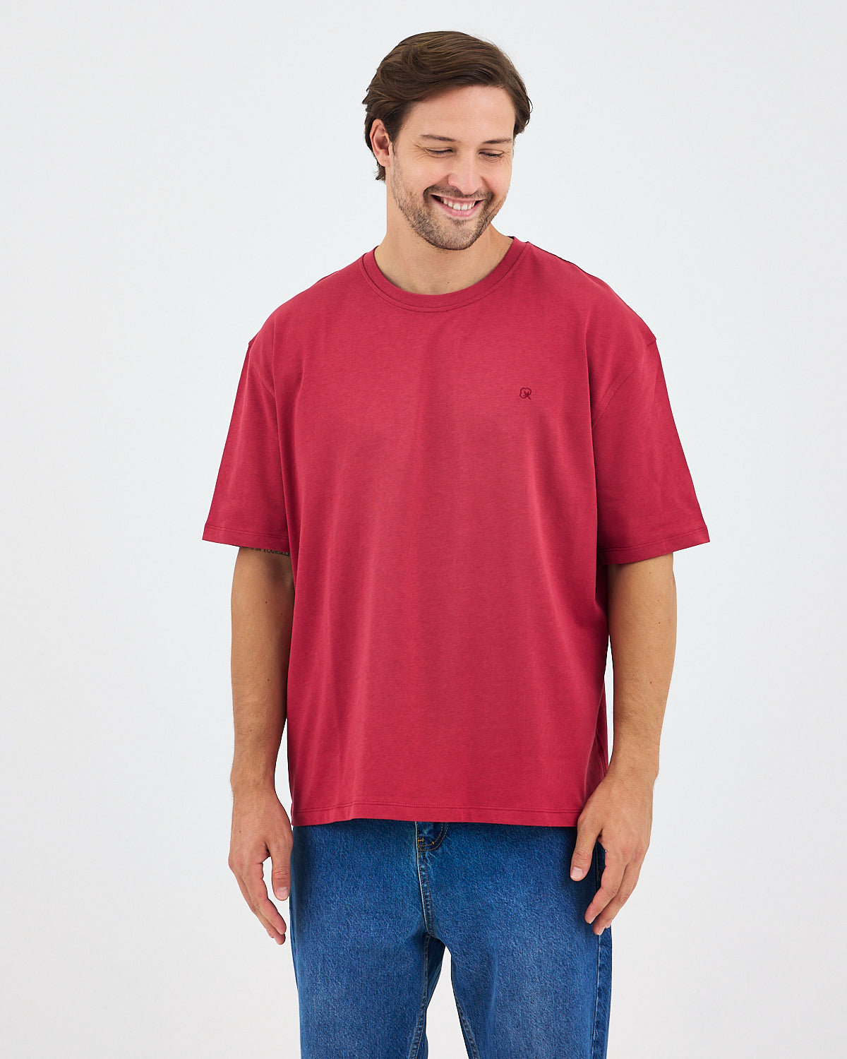 Unisex Burgundy Embroidered Oversize Crew Neck Organic Cotton T-Shirt-1010516