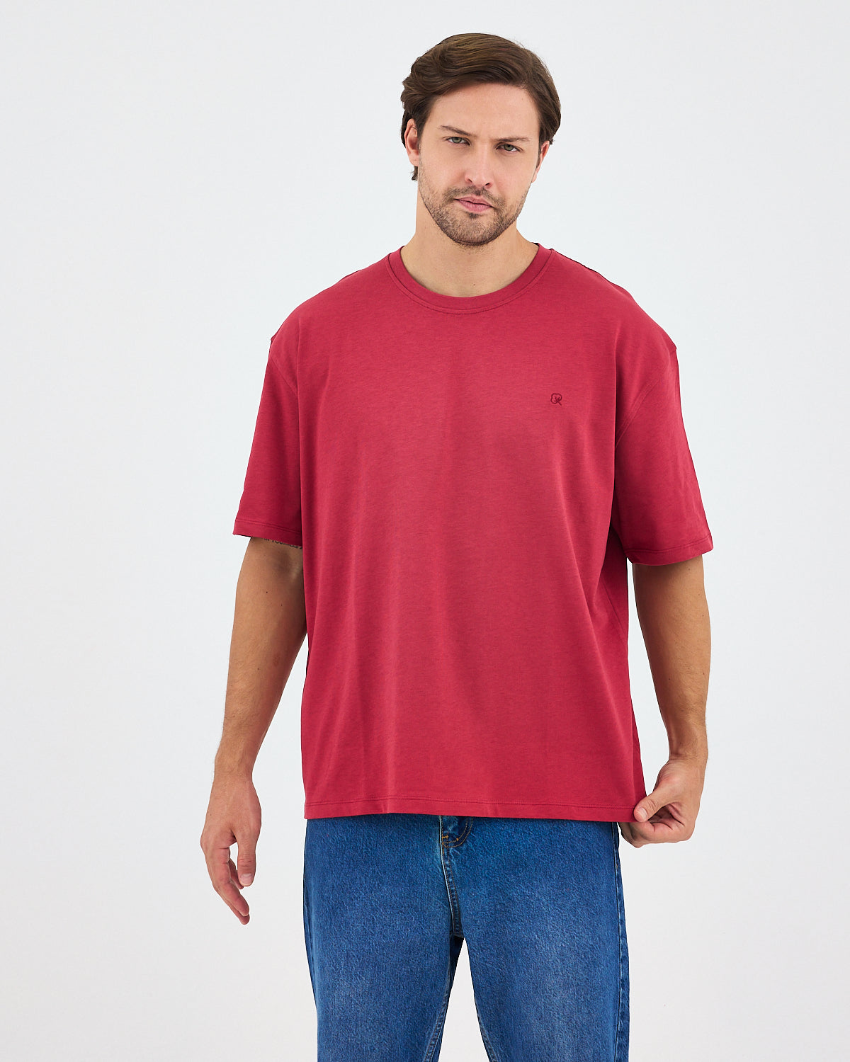 Unisex Burgundy Embroidered Oversize Crew Neck Organic Cotton T-Shirt-1010516