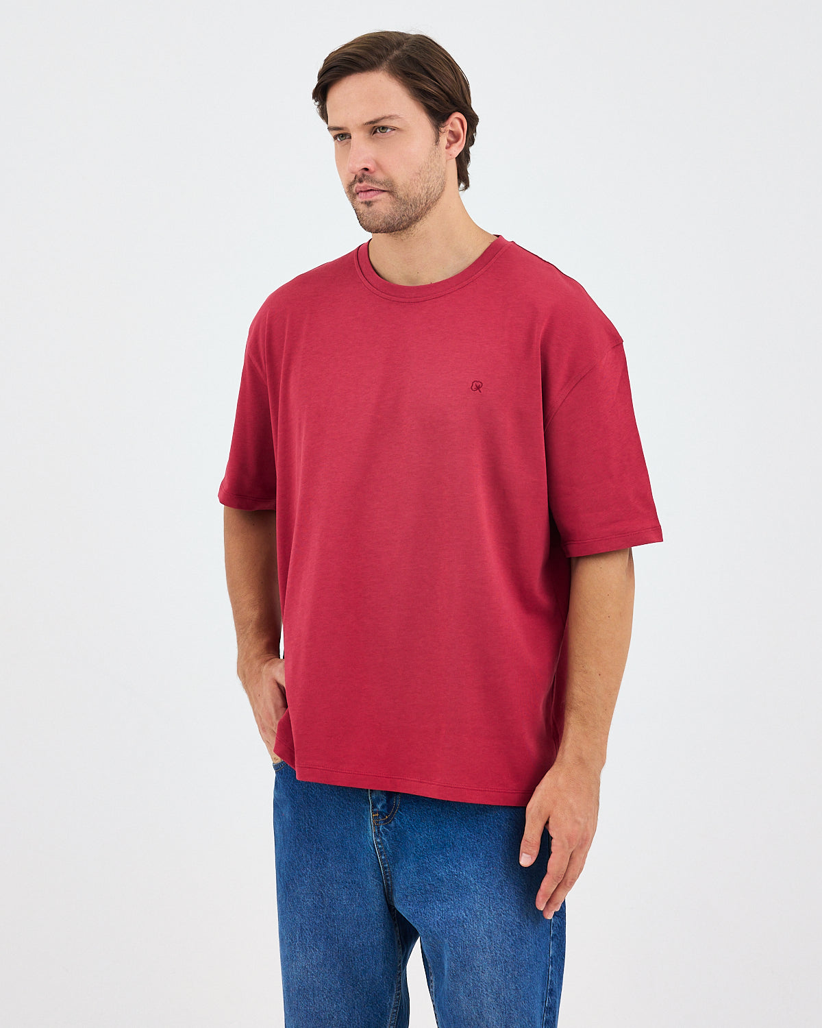 Unisex Burgundy Embroidered Oversize Crew Neck Organic Cotton T-Shirt-1010516