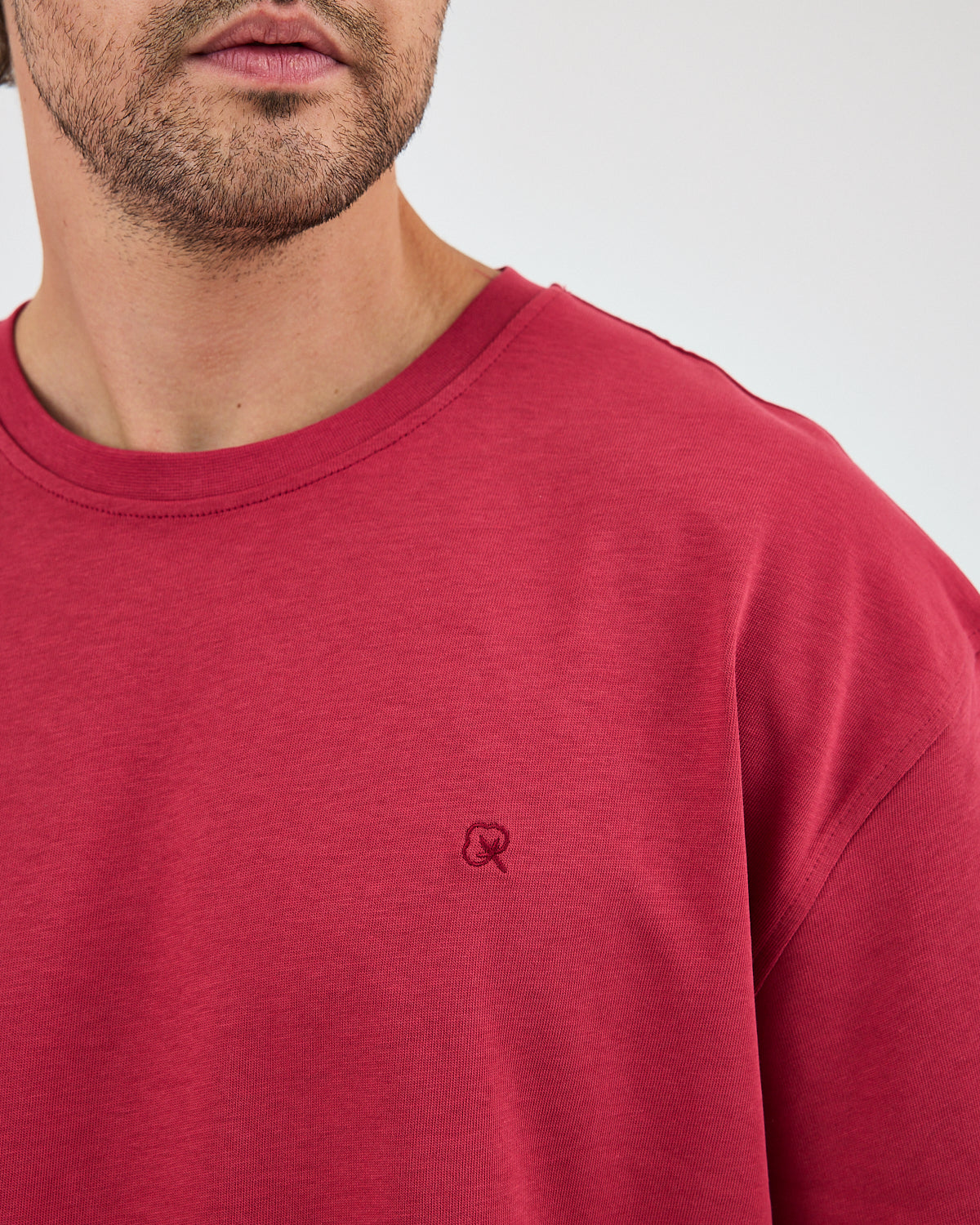 Unisex Burgundy Embroidered Oversize Crew Neck Organic Cotton T-Shirt-1010516