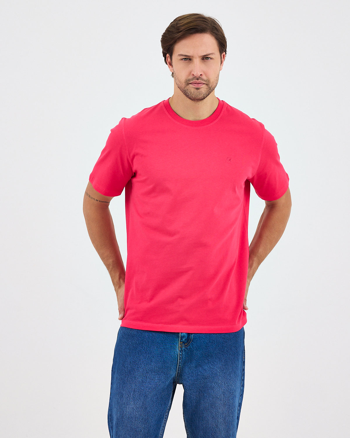 Unisex Red Embroidered Standard Fit Crew Neck Organic Cotton T-Shirt-1010217