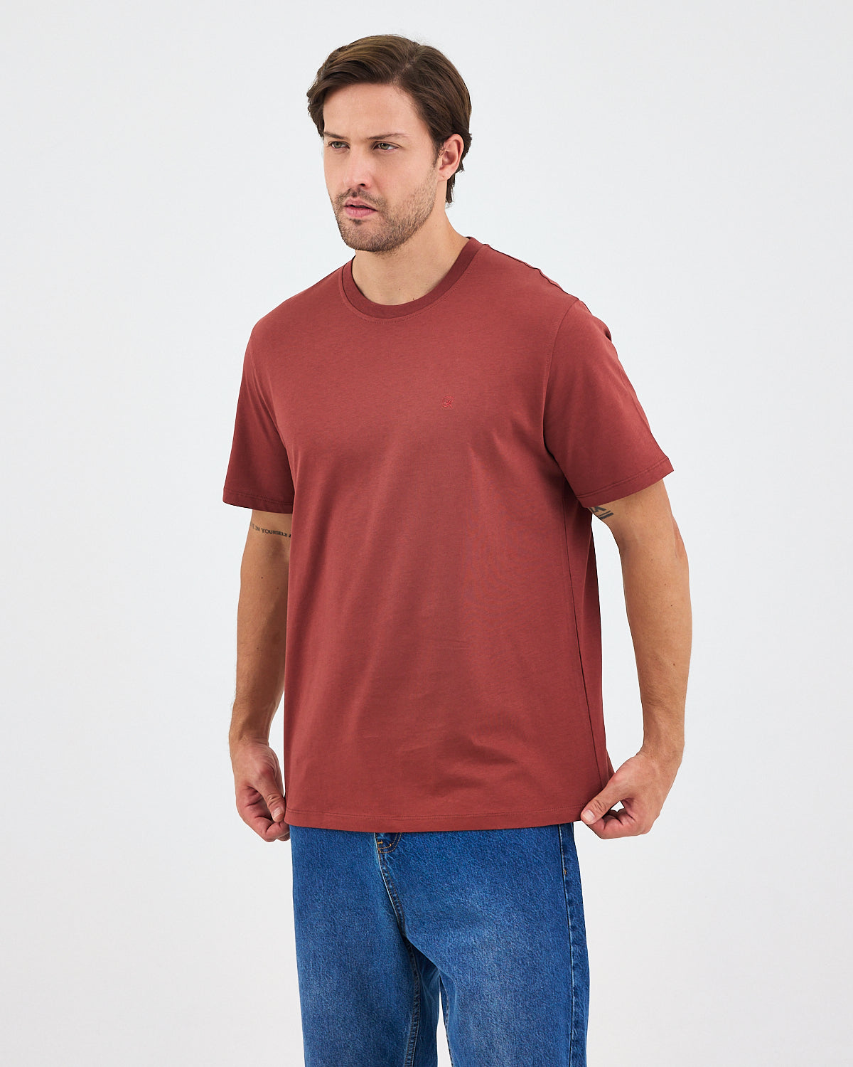 Unisex Gül Kurusu Nakış Standart Kalıp Organik Pamuk Bisiklet Yaka T-Shirt