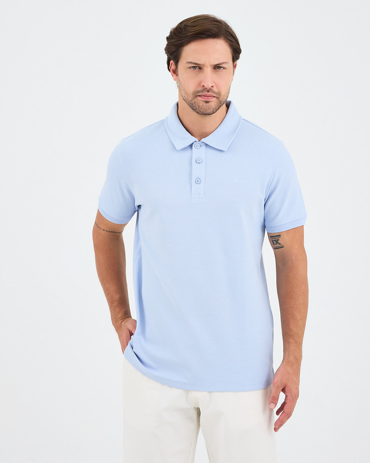 Erkek Açık Mavi Nakışlı Standart Kalıp BCI Sertifikalı Polo Yaka T-Shirt