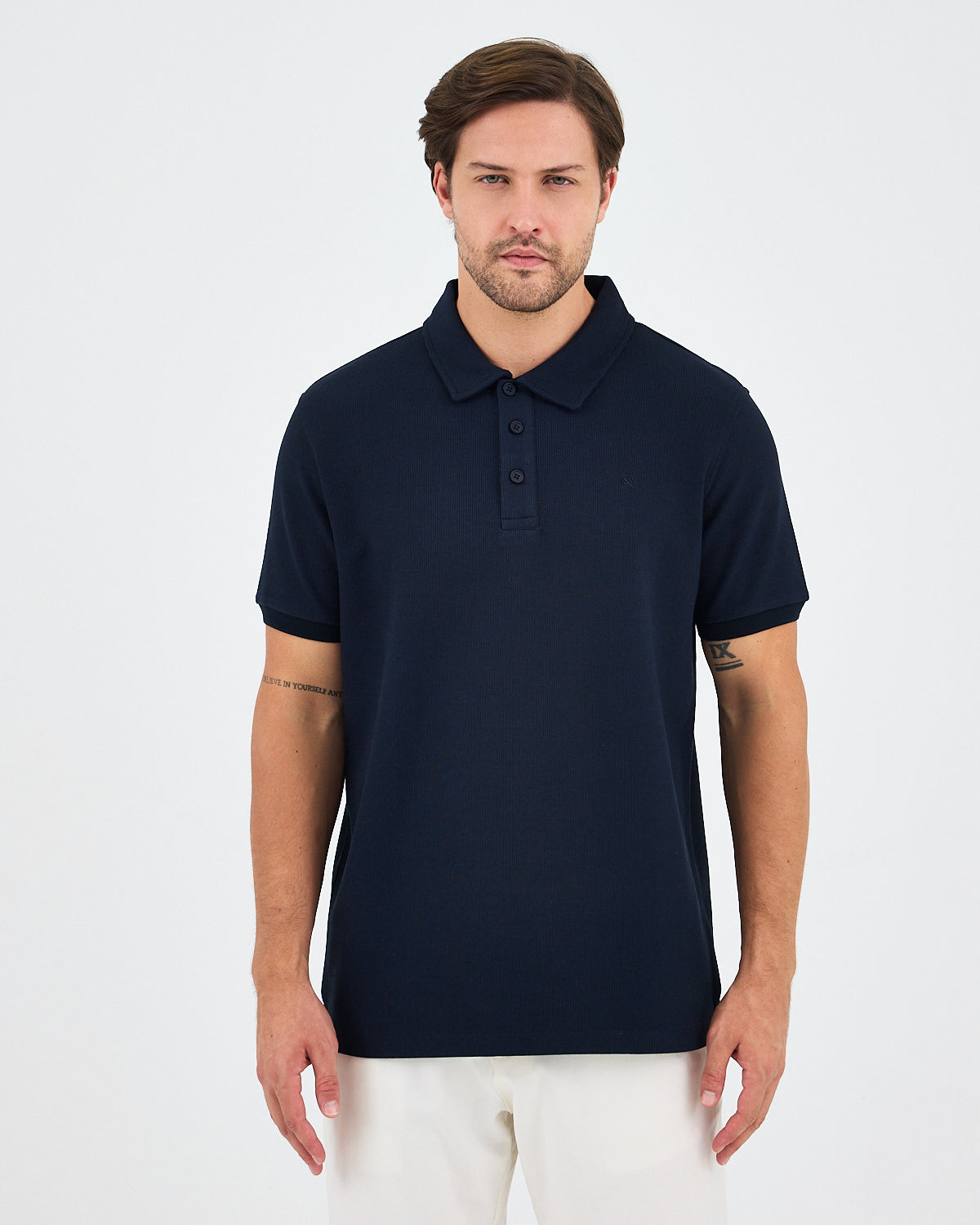 Men's Navy Embroidered BCI Cotton Standard Fit Polo Neck T-Shirt - 1010704